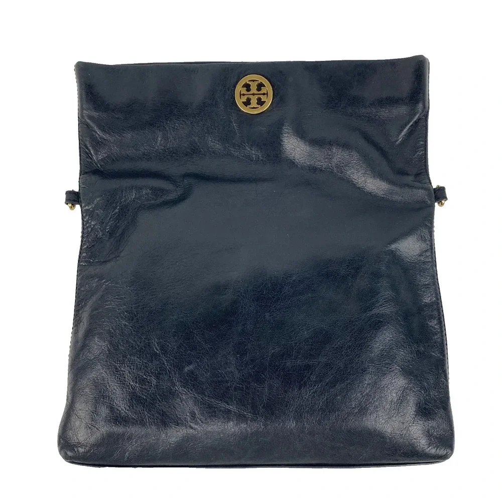 Tory Burch Leather Foldover Handbag Black Convertible Purse Clutch Shoulder Bag